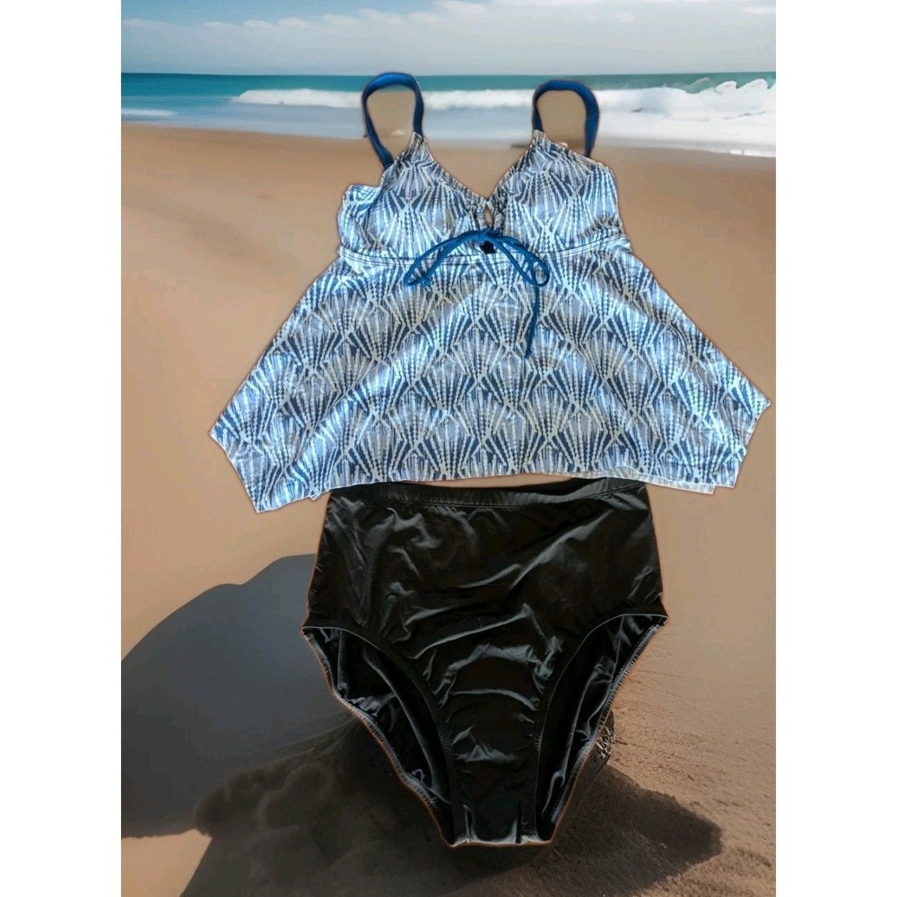 YBL Your Best Look Tankini Top & High Waist Bottom 2 PC Swimsuit Blue Size 10